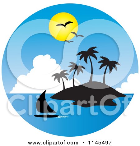 Clipart of a Circle Scene of Gulls and a Sun over a Sailboat and Silhouetted Tropical Island - Royalty Free Vector Illustration by Rosie Piter