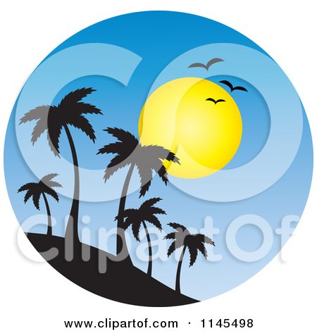Clipart of a Circle Scene of Gulls and a Sun over Silhouetted Island Palm Trees - Royalty Free Vector Illustration by Rosie Piter
