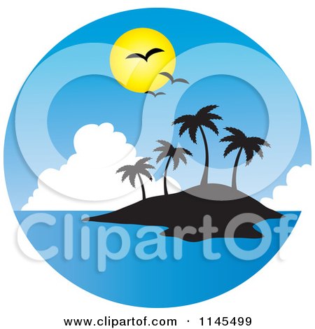 Clipart of a Circle Scene of Gulls and a Sun over a Silhouetted Tropical Island - Royalty Free Vector Illustration by Rosie Piter