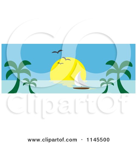 Clipart of a Hawaian Ocean Sunset Website Banner with Palm Trees and a Sailboat 3 - Royalty Free Vector Illustration by Rosie Piter