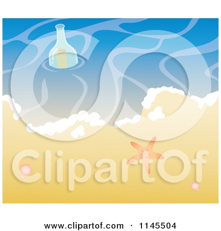 Clipart of a Message in a Bottle Washing up by a Starfish on Tropical Beach - Royalty Free Vector Illustration by Rosie Piter