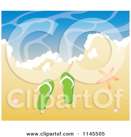Clipart of a Starfish Shells and Flip Flop Sandals on Tropical Beach Sand at the Edge of the Ocean Surf - Royalty Free Vector Illustration by Rosie Piter