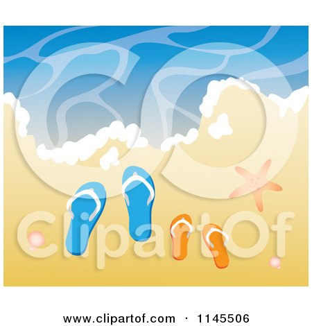 Clipart of a Starfish Seashells and Flip Flop Sandals on Tropical Beach Sand at the Edge of the Ocean Surf - Royalty Free Vector Illustration by Rosie Piter