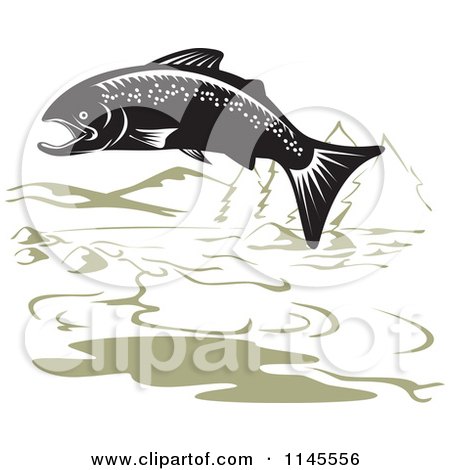 Clipart of a Jumping Black and White Salmon and Green Mountainous Lake - Royalty Free Vector Illustration by patrimonio