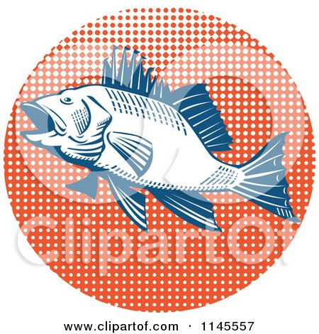 Clipart of a Retro Sea Bass Fish over Orange Halftone - Royalty Free Vector Illustration by patrimonio