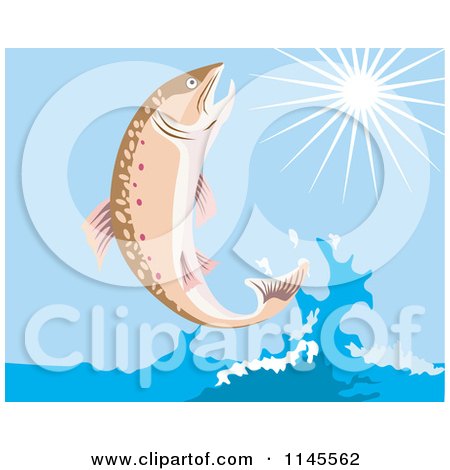 Clipart of a Leaping Trout Fish and Sunshine - Royalty Free Vector Illustration by patrimonio