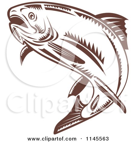 Clipart of a Leaping Retro Brown Woodcut Trout - Royalty Free Vector Illustration by patrimonio