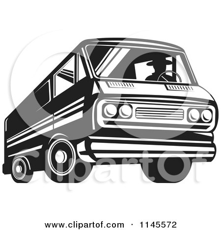 Clipart of a Retro Silhouetted Man Driving a Black and White Van - Royalty Free Vector Illustration by patrimonio