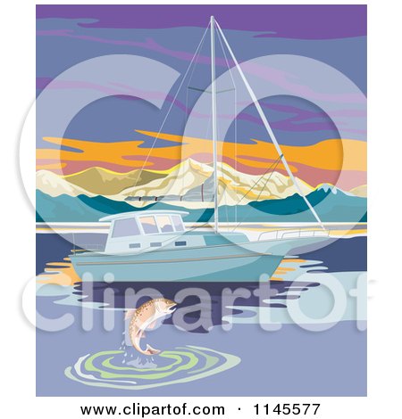 Clipart of a Fish Leaping by a Sailbot at Sunset - Royalty Free Vector Illustration by patrimonio