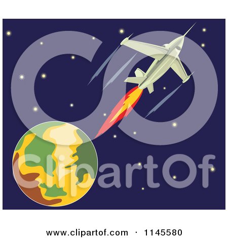 Clipart of a Fighter Jet in Outer Space - Royalty Free Vector Illustration by patrimonio
