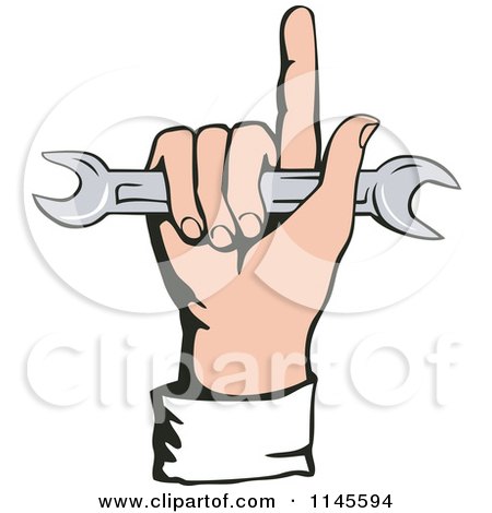 Clipart of a Hand Holding a Spanner Wrench - Royalty Free Vector Illustration by patrimonio