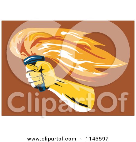 Clipart of a Retro Hand Holding a Flaming Torch on Brown - Royalty Free Vector Illustration by patrimonio
