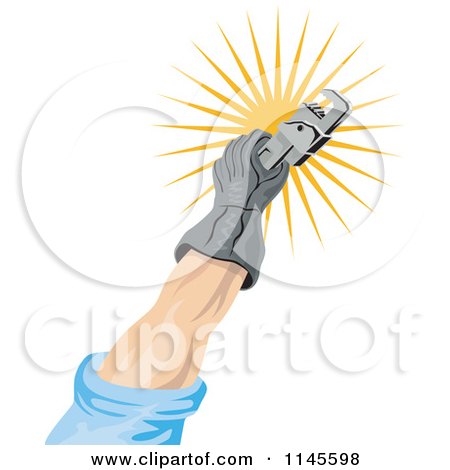 Clipart of a Man's Hand Holding a Rench over a Sun Burst - Royalty Free Vector Illustration by patrimonio
