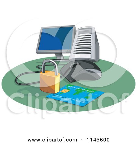 Clipart of a Desktop Computer with a Credit Card and Security Padlock - Royalty Free Vector Illustration by patrimonio