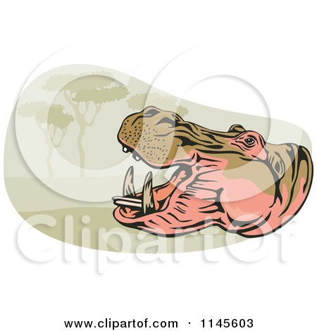 Clipart of a Retro Roaring Hippo over a Landscape - Royalty Free Vector Illustration by patrimonio