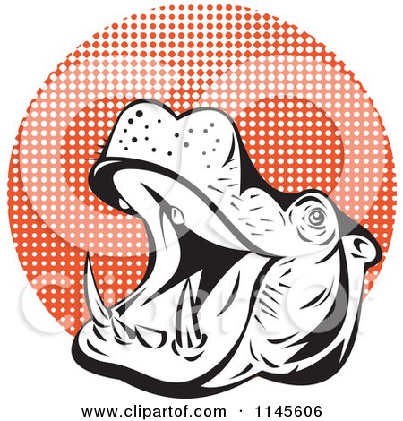 Clipart of a Retro Black and White Roaring Hippo over Orange Halftone - Royalty Free Vector Illustration by patrimonio