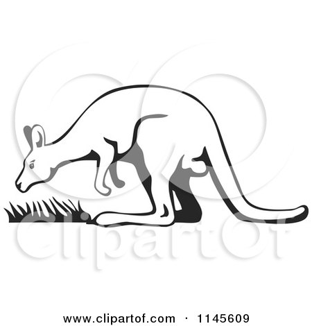 Clipart of a Black and White Kangaroo with Grass - Royalty Free Vector Illustration by patrimonio