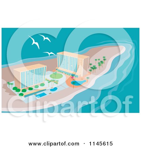 Clipart of Gulls Flying over Island Beach Resort Hotels - Royalty Free Vector Illustration by patrimonio