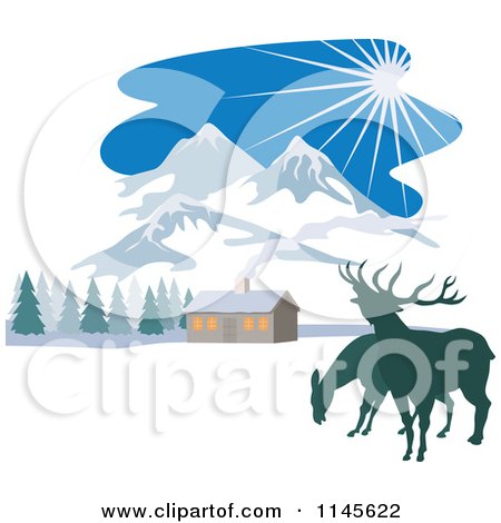 Clipart of Deer near a Winter Mountainous Cabin - Royalty Free Vector Illustration by patrimonio