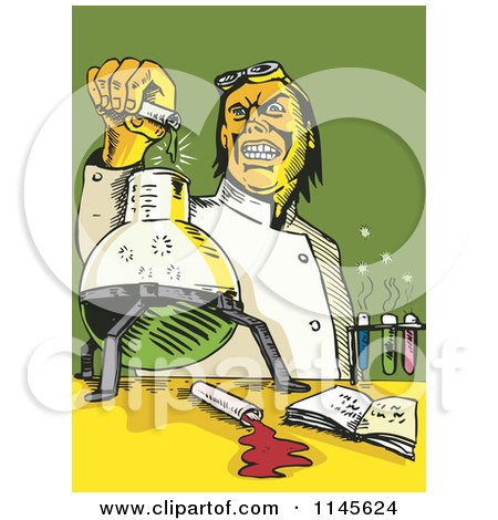 Clipart of a Retro Mad Scientist Pouring Chemicals - Royalty Free Vector Illustration by patrimonio
