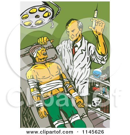Clipart of a Retro Mad Scientist Injecting a Patient - Royalty Free Vector Illustration by patrimonio