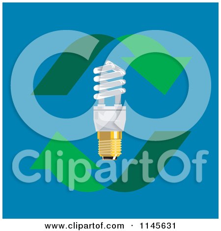 Clipart of a Flourescent Lightbulb on Blue with Arrows - Royalty Free Vector Illustration by patrimonio