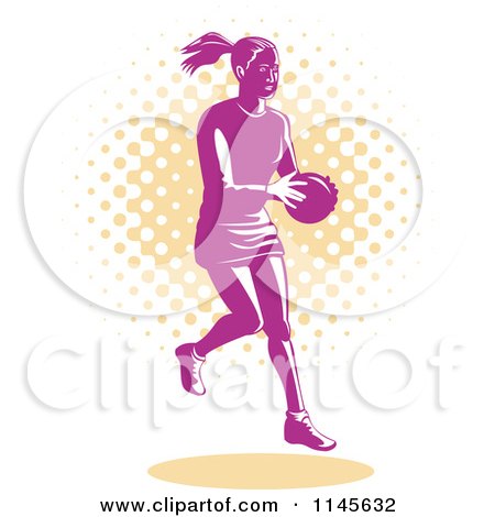 Clipart of a Retro Pink Female Netball Player over Orange Halftone Dots - Royalty Free Vector Illustration by patrimonio