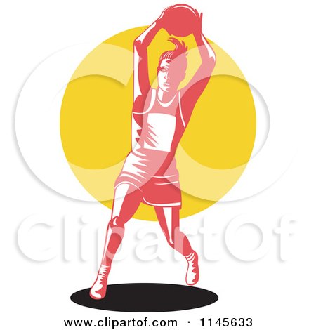 Clipart of a Retro Female Netball Player over a Yellow Circle - Royalty Free Vector Illustration by patrimonio