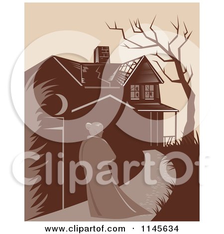Clipart of a Retro Woman Walking Towards a Dilapidated Mansion - Royalty Free Vector Illustration by patrimonio