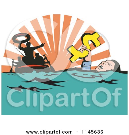 Clipart of a Man Drowning in Debt Holding onto a Dollar with Rescue in the Background - Royalty Free Vector Illustration by patrimonio
