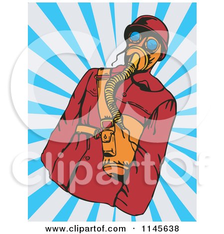 Clipart of a Retro Man in a Gas Mask over Rays - Royalty Free Vector Illustration by patrimonio