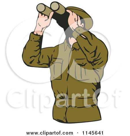 Clipart of a Man in Green Using Binoculars - Royalty Free Vector Illustration by patrimonio