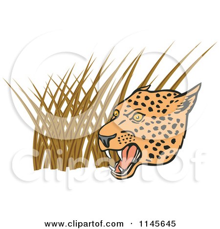 Clipart of a Growling Leopard Head over Grasses - Royalty Free Vector Illustration by patrimonio
