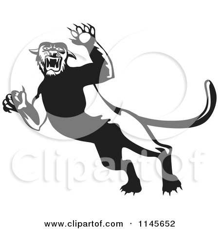 Clipart of a Retro Black and White Attacking Panther - Royalty Free Vector Illustration by patrimonio