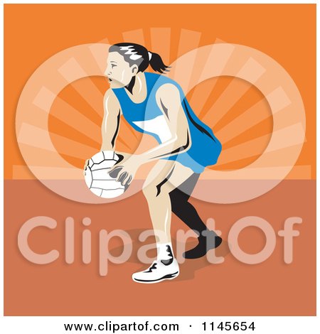 Clipart of a Female Netball Player over Orange Rays - Royalty Free Vector Illustration by patrimonio