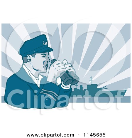 Clipart of a Retro Navy Captain Holding Binoculars Against a Ship and Rays - Royalty Free Vector Illustration by patrimonio