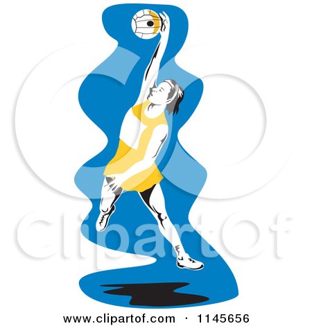 Clipart of a Female Netball Player Jumping over Blue - Royalty Free Vector Illustration by patrimonio