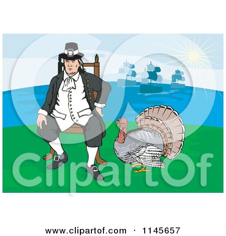 Clipart of a Turkey Bird by a Sitting Pilgrim - Royalty Free Vector Illustration by patrimonio