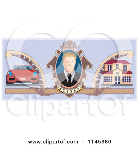 Clipart of a Portrait of a Wealthy Man with a Car and House - Royalty Free Vector Illustration by patrimonio
