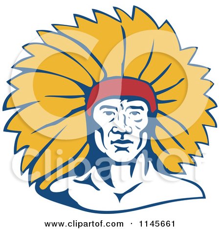 Clipart of a Native American Chief Man with Yellow Feathers - Royalty Free Vector Illustration by patrimonio