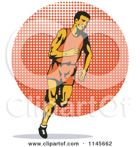Clipart of a Retro Male Runner over a Halftone Circle - Royalty Free Vector Illustration by patrimonio