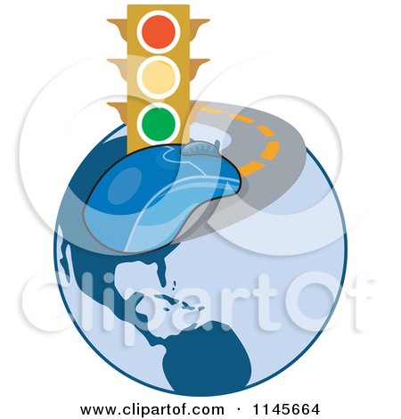 Clipart of a Traffic Light and Computer Mouse on a Globe Road - Royalty Free Vector Illustration by patrimonio