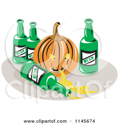 Clipart of a Spewing Pumpkin and Beer Bottles - Royalty Free Vector Illustration by patrimonio
