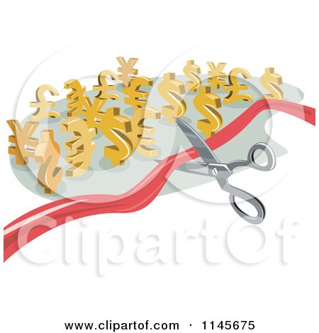 Clipart of a Pair of Scissors Cutting a Ribbon Towards Euro and Dollar Symbols - Royalty Free Vector Illustration by patrimonio