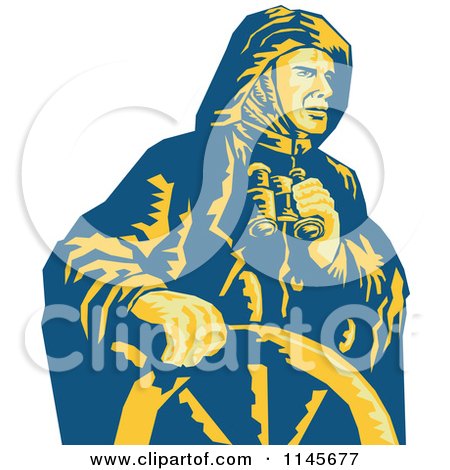 Clipart of a Retro Sea Captain Holding Binoculars at the Helm- Royalty Free Vector Illustration by patrimonio
