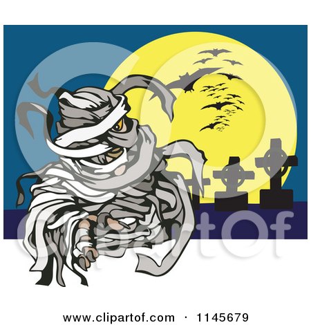 Clipart of a Mummy Reaching out Against a Full Moon Bats and Tombstones - Royalty Free Vector Illustration by patrimonio