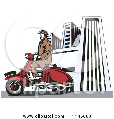Clipart of a Retro Man Riding a Vespa in a City - Royalty Free Vector Illustration by patrimonio