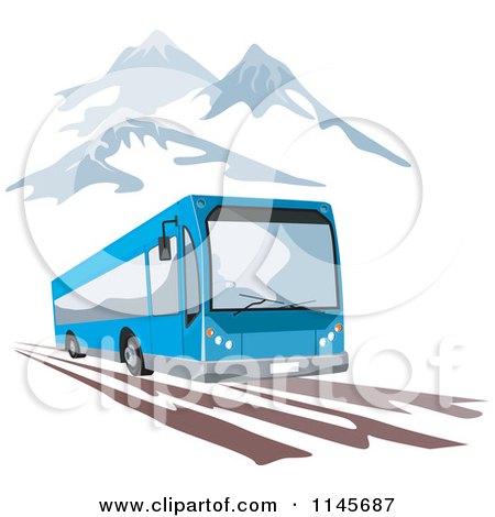 Clipart of a Retro Blue Tourist Bus in Mountains - Royalty Free Vector Illustration by patrimonio