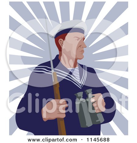 Clipart of a Retro Sailor Holding Binoculars over Rays - Royalty Free Vector Illustration by patrimonio