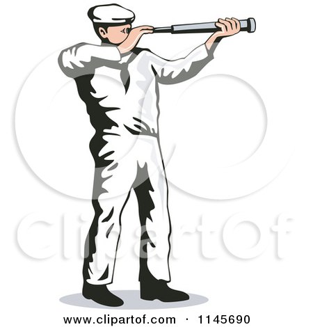 Clipart of a Retro Sailor Viewing Through a Telescope - Royalty Free Vector Illustration by patrimonio
